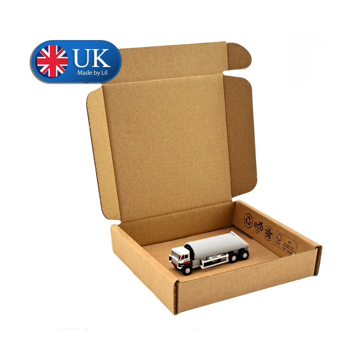 Open cardboard box with a toy truck inside, featuring a 'UK Made by Lil' logo.