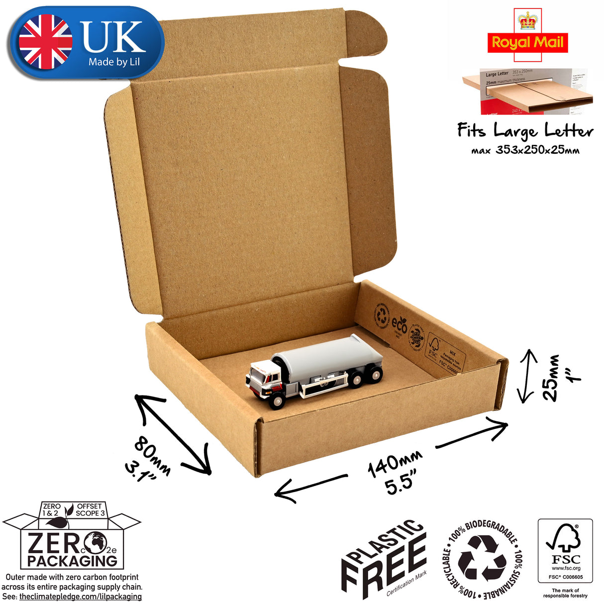 14x8x2.5 cardboard postal box with UK made logo, Royal Mail 'fits large letter' logo, and Plastic Free, FSC, Zero and Recycling logos