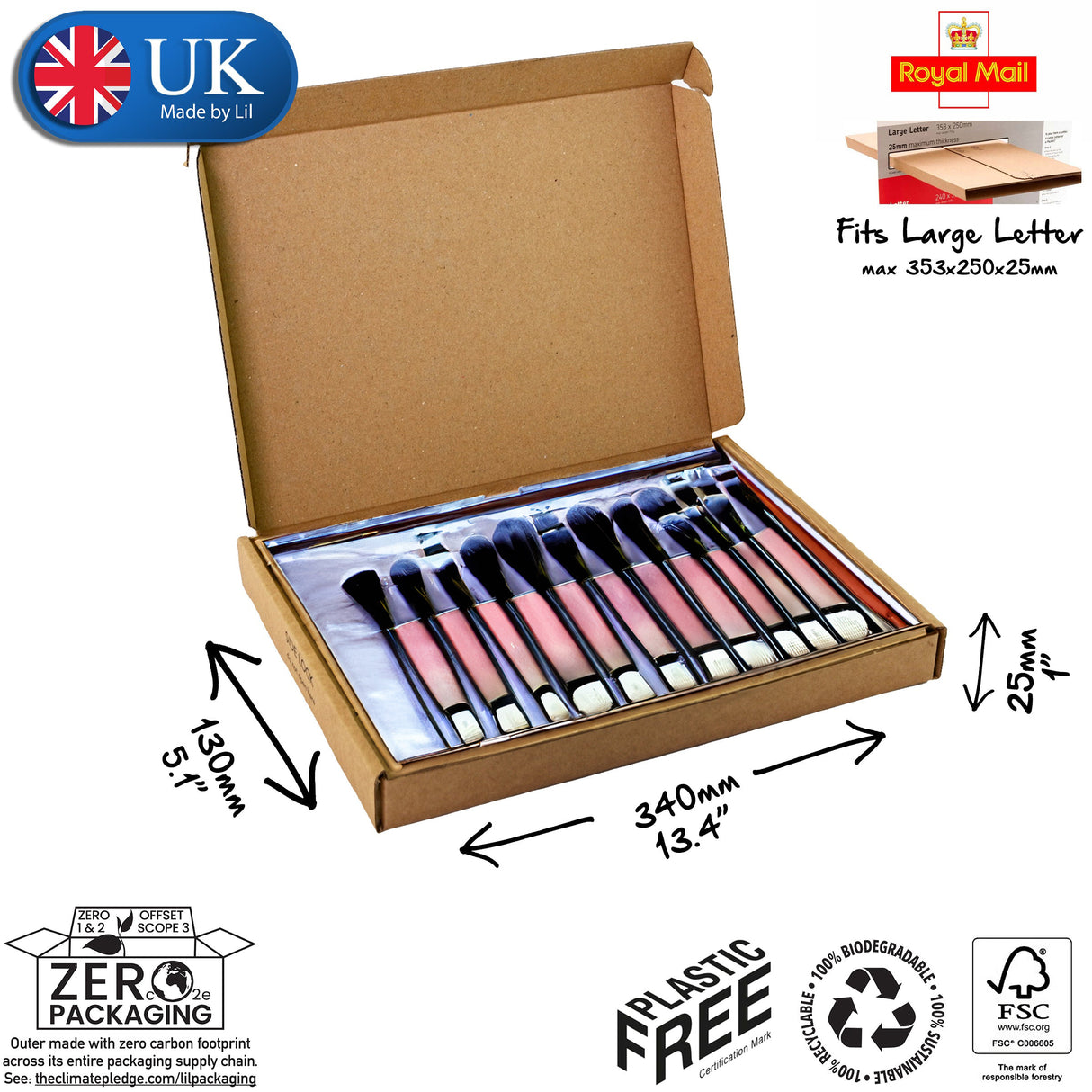 34x13x2.5cm (13x5x1" inches) Cardboard Postal Box for makeup brushes
