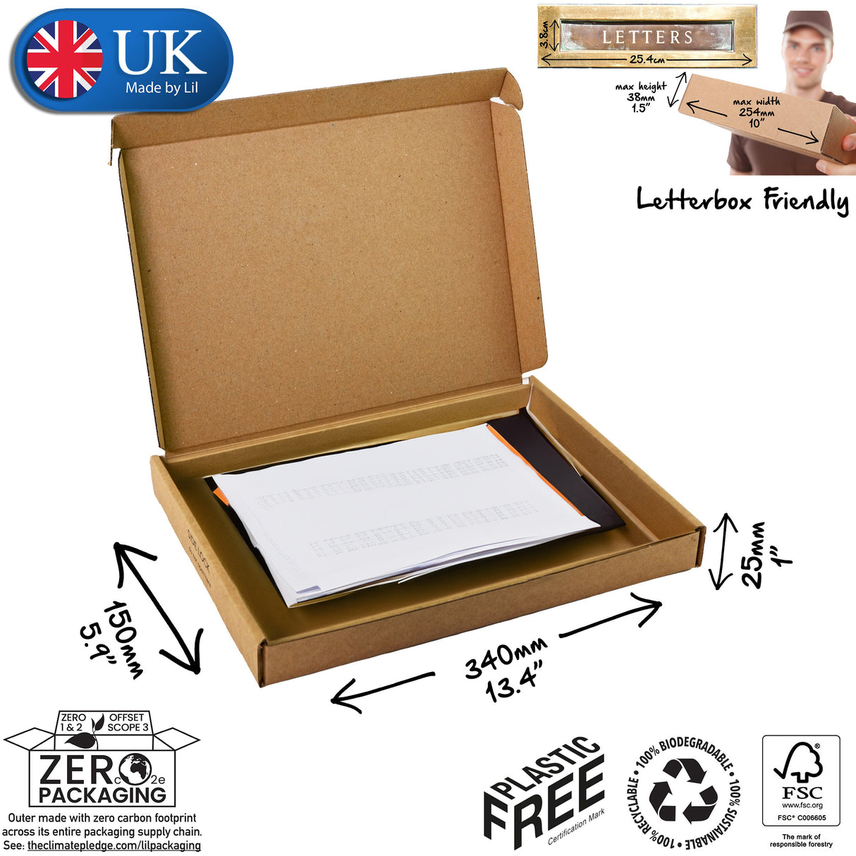 A dimensions diagram of a 34x15x2.5cm cardboard postal box showing the internal layout and dimensions, with a 'Lil Packaging' branding at the top, and a 'Zero Carbon' badge indicating the box is made from 100% recycled materials.