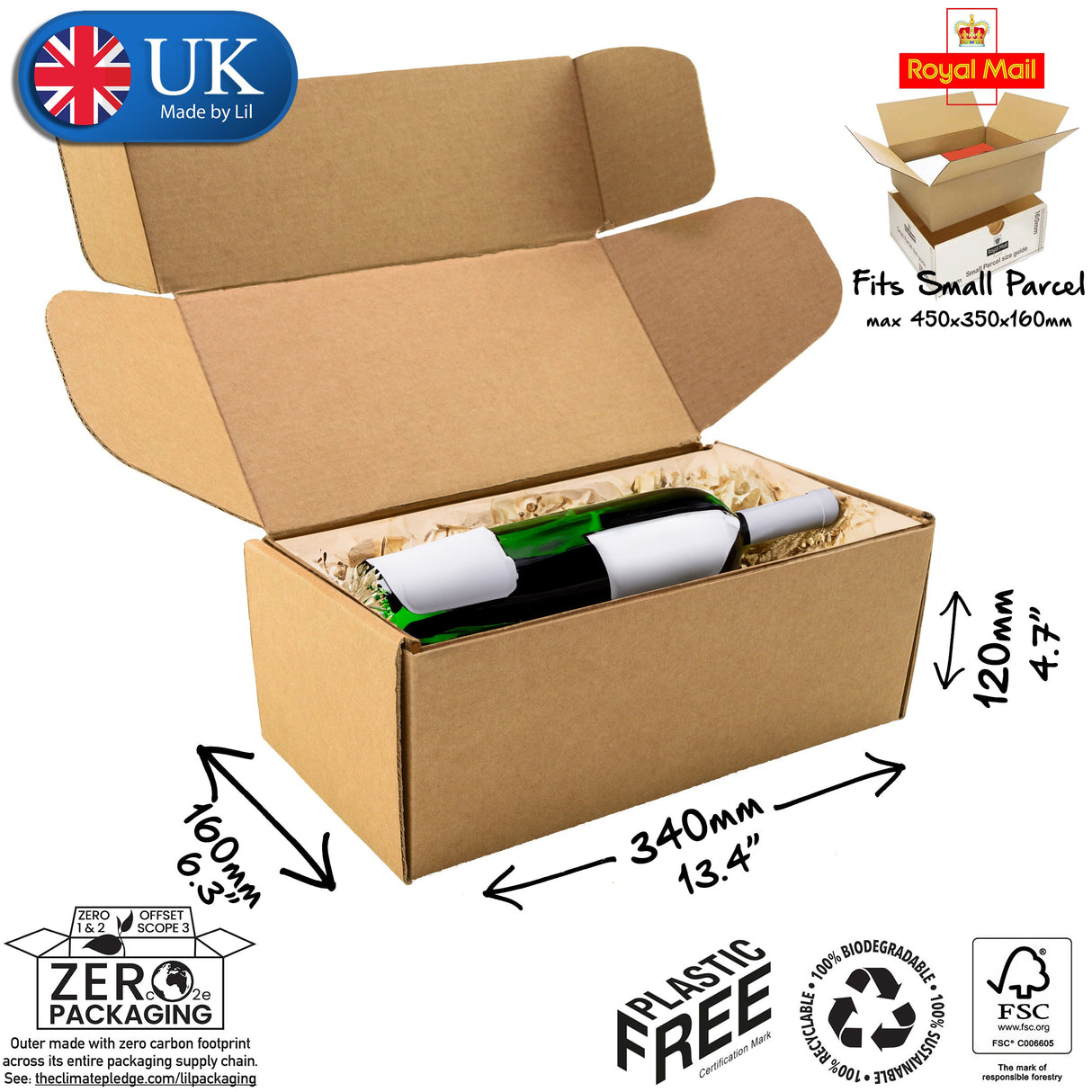A flat-packed, brown cardboard postal box with dimensions labelled as 340mm x 160mm x 120mm. The box is marked as made by Lil, UK, with a small parcel icon, and includes a label indicating it is plastic-free and made from recycled materials.