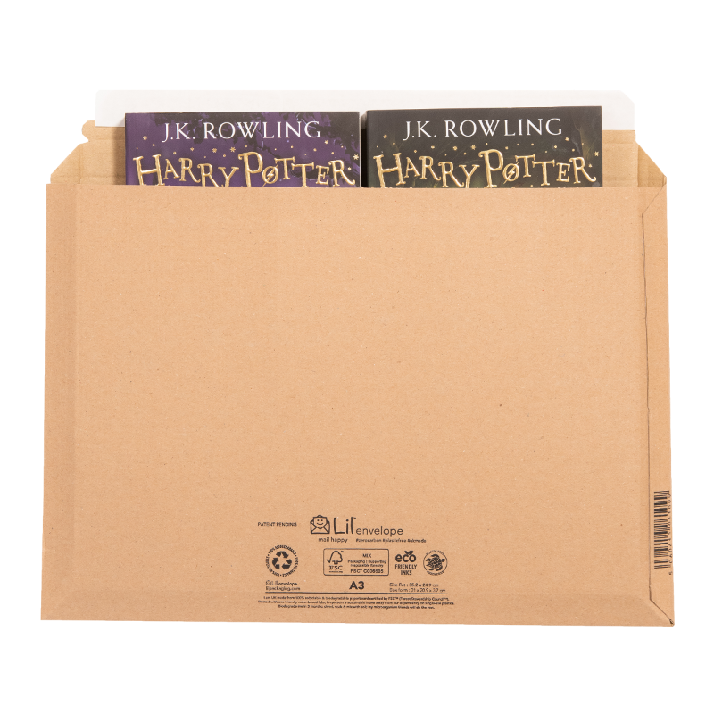 A3 envelope image showing back of envelope open and containing 2 harry potter books poking out the top of the envelope