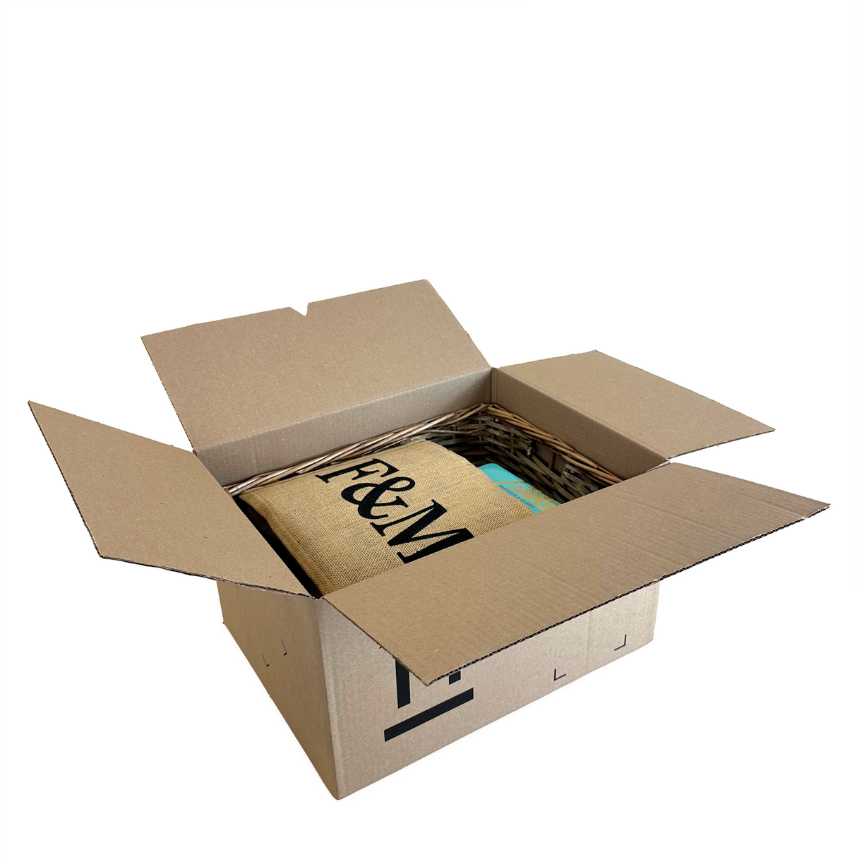 Open cardboard box with a branded item inside on a white background