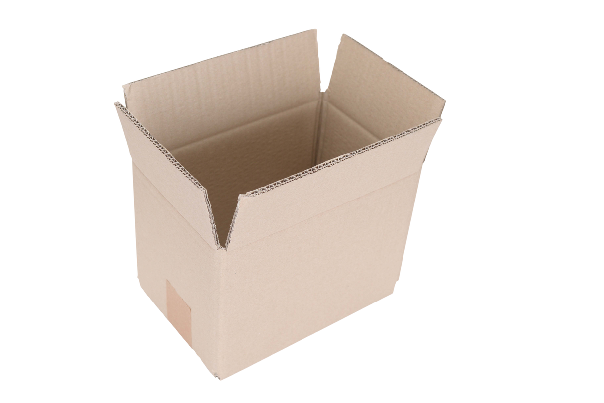 An open brown cardboard box with flaps raised, shown on a plain white background.