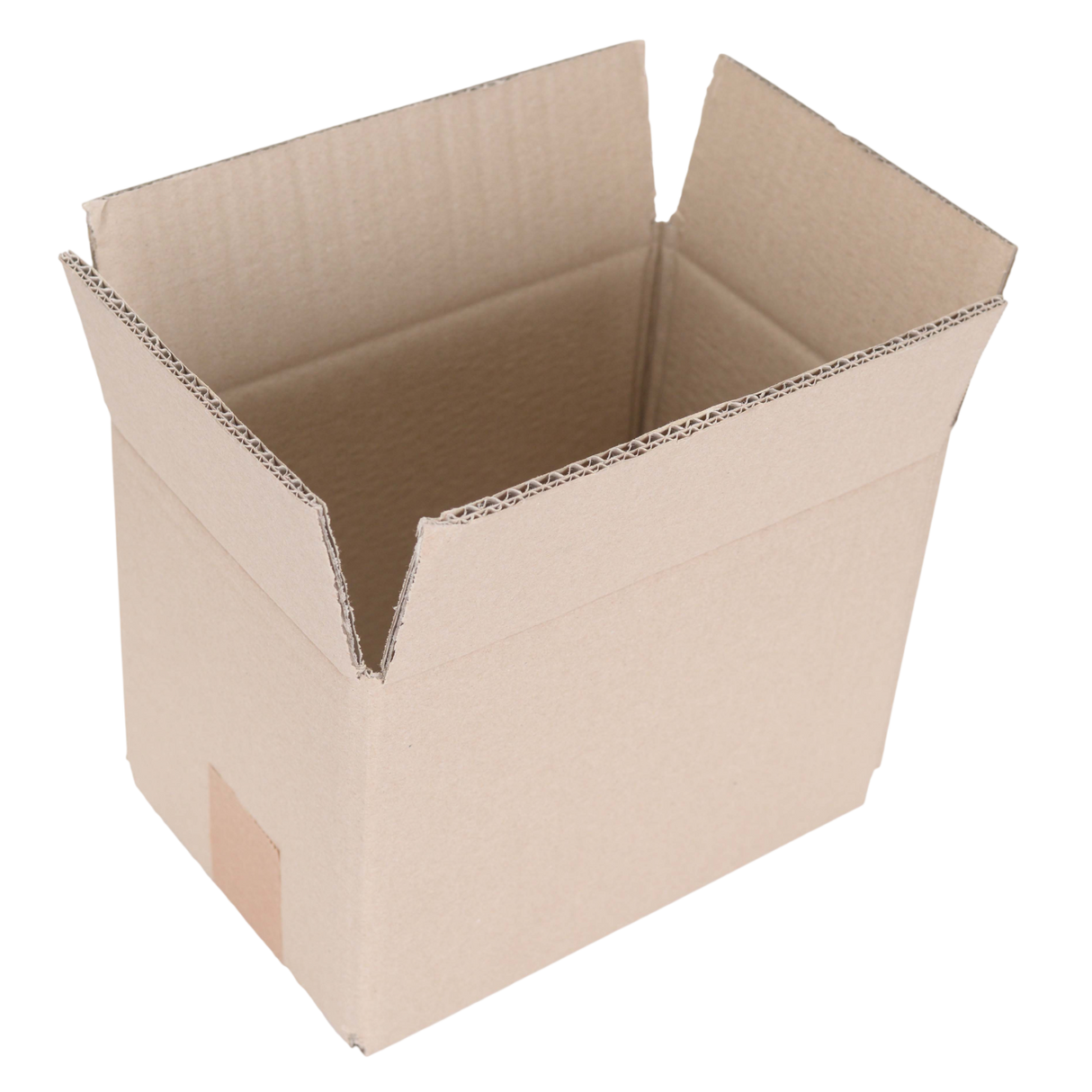 An open brown cardboard box with flaps raised, shown on a plain white background.