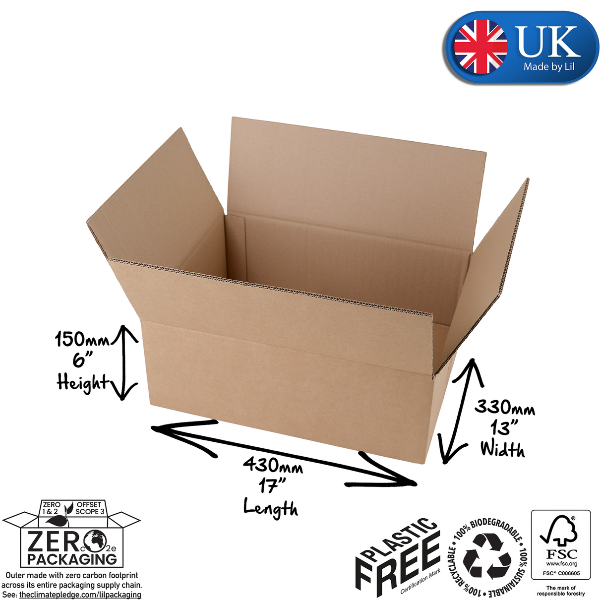 CDW040 double wall cardboard box 430 x 330 x 150mm shown open, low profile design with UK made, zero packaging, plastic free and FSC Certified logos.
