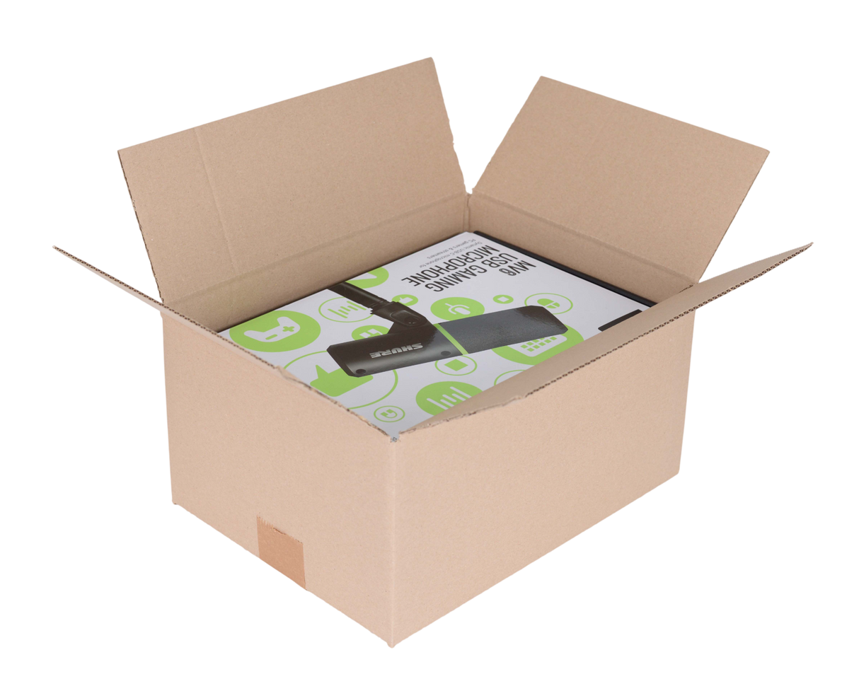 An open brown cardboard shipping box sized 18 x 12 x 12", on a white background, containing a boxed product with visible text and a black rectangular item inside.