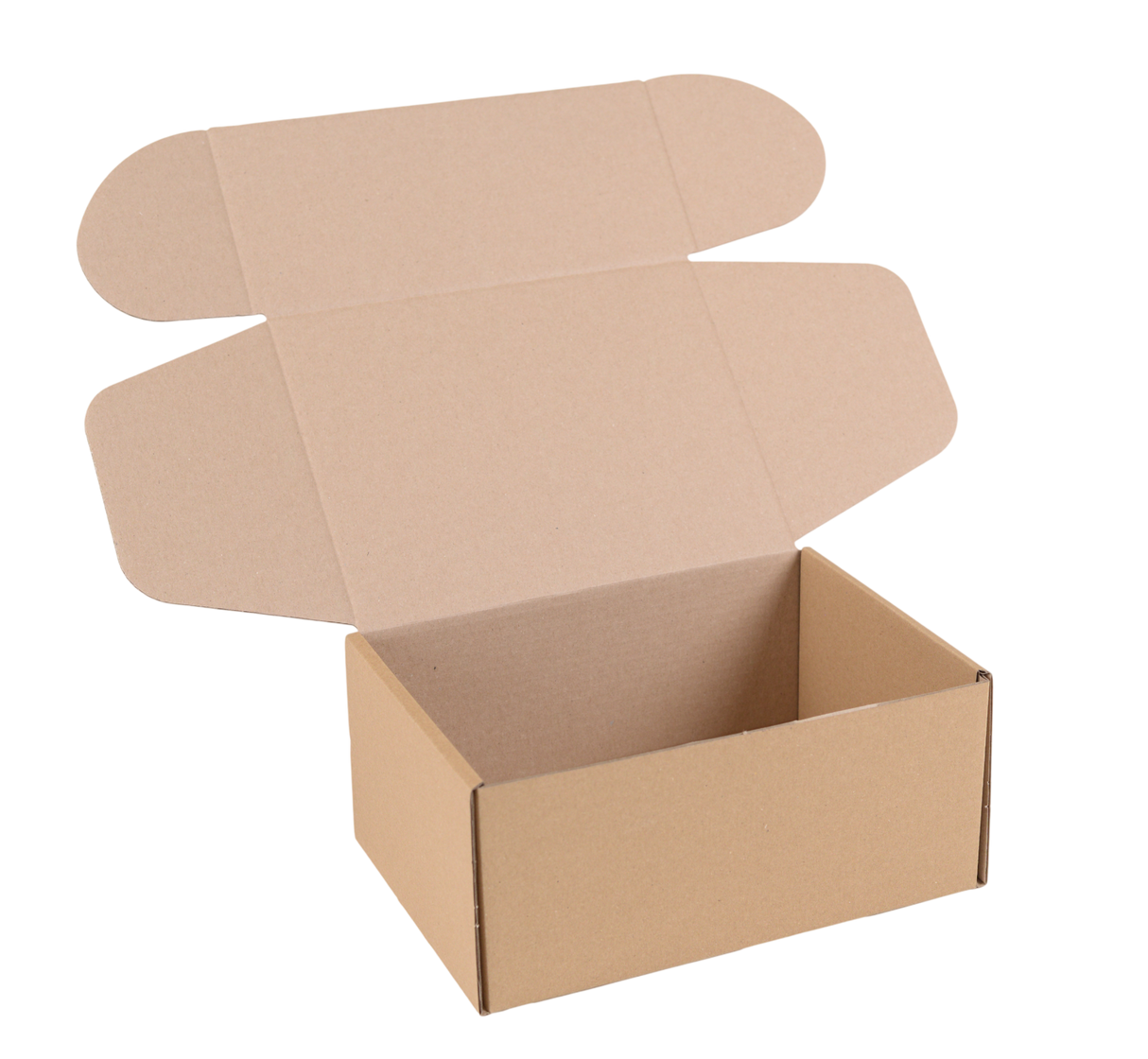 An open brown cardboard shipping box with a hinged lid, shown on a plain white background.