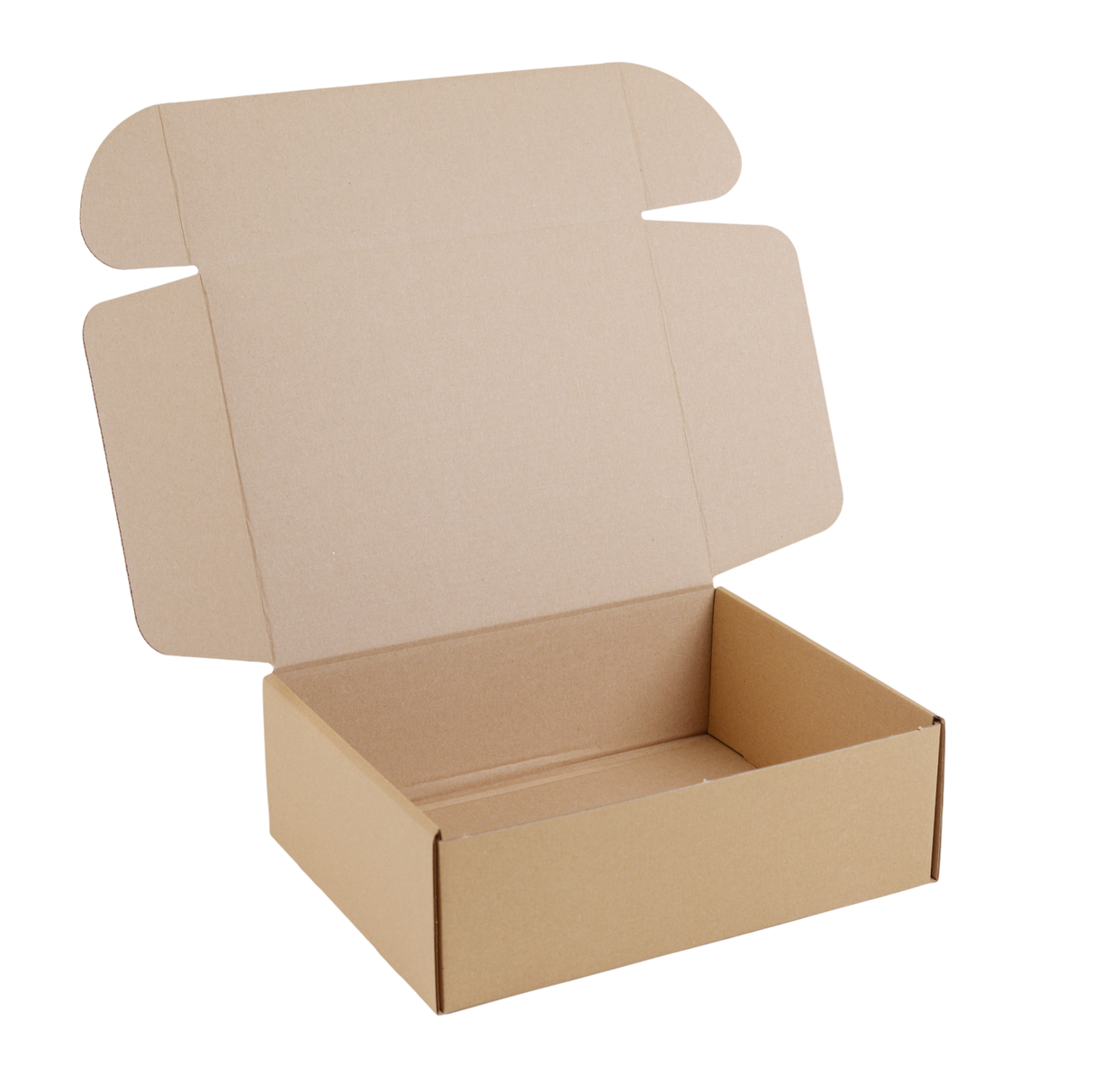 An empty brown cardboard shipping box with its lid open, shown on a solid white background.