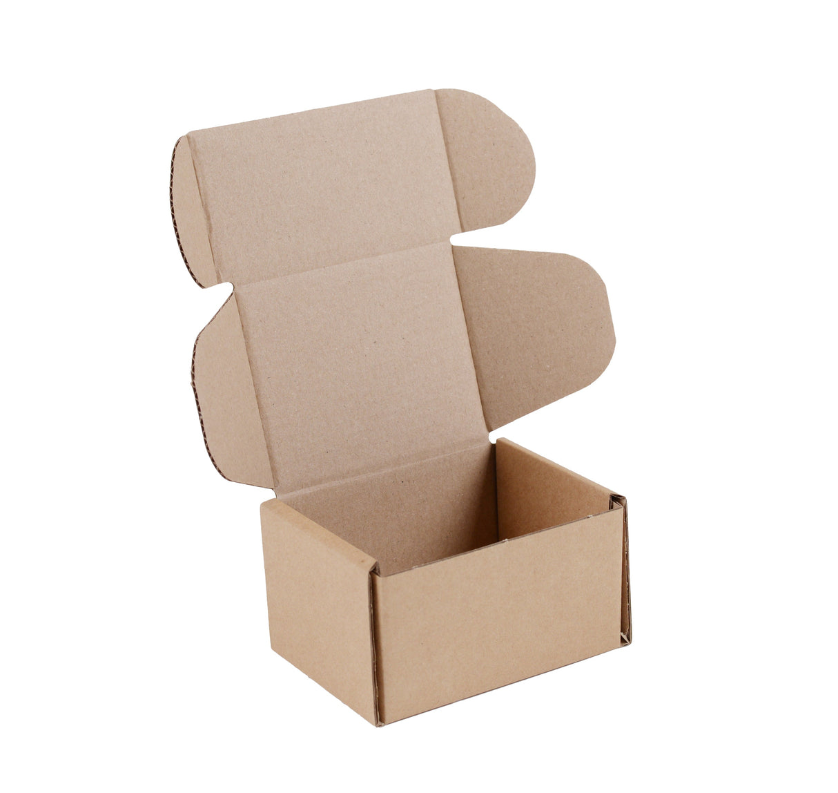 An empty brown cardboard shipping box with its hinged flaps open, shown on a plain white background.