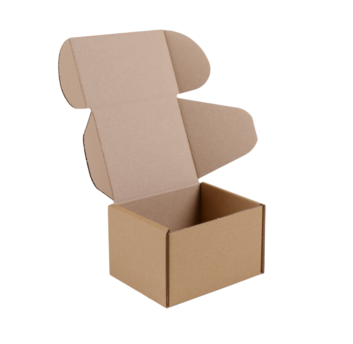 An open brown cardboard shipping box with a hinged lid, shown on a plain white background.