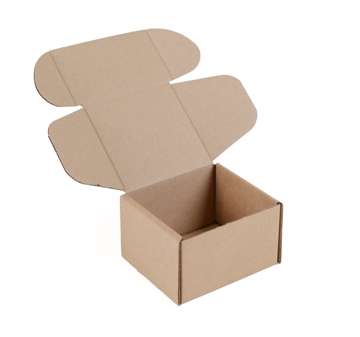 An empty brown cardboard shipping box with its hinged lid open, shown on a plain white background.