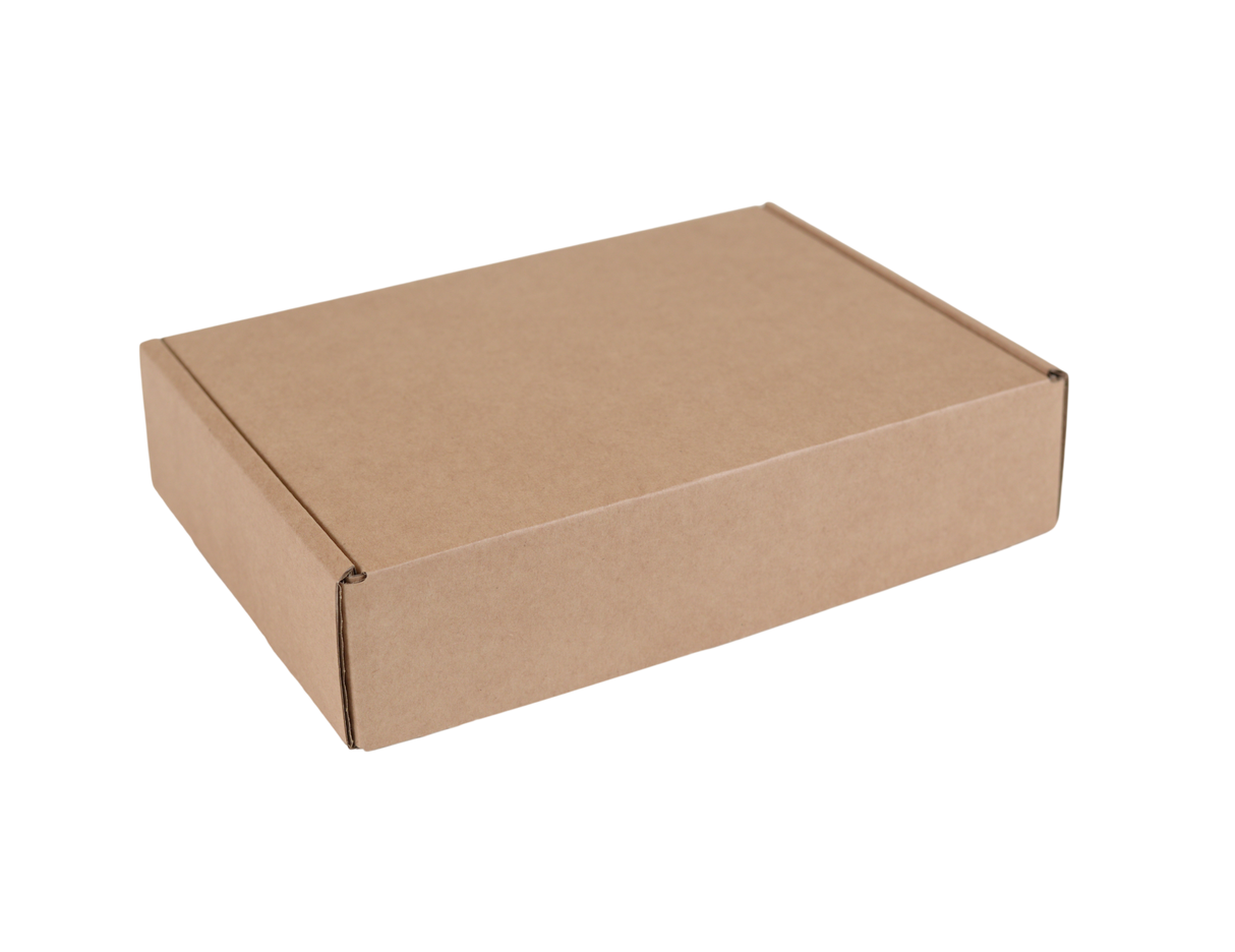 A plain brown a5 c5 cardboard box shown at an angle on a solid white background.
