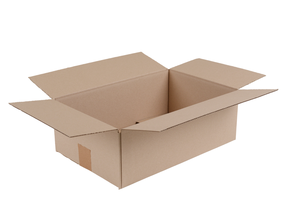 An open brown cardboard shipping box with flaps extended, shown on a plain white background. Sized to fit shoes inside.