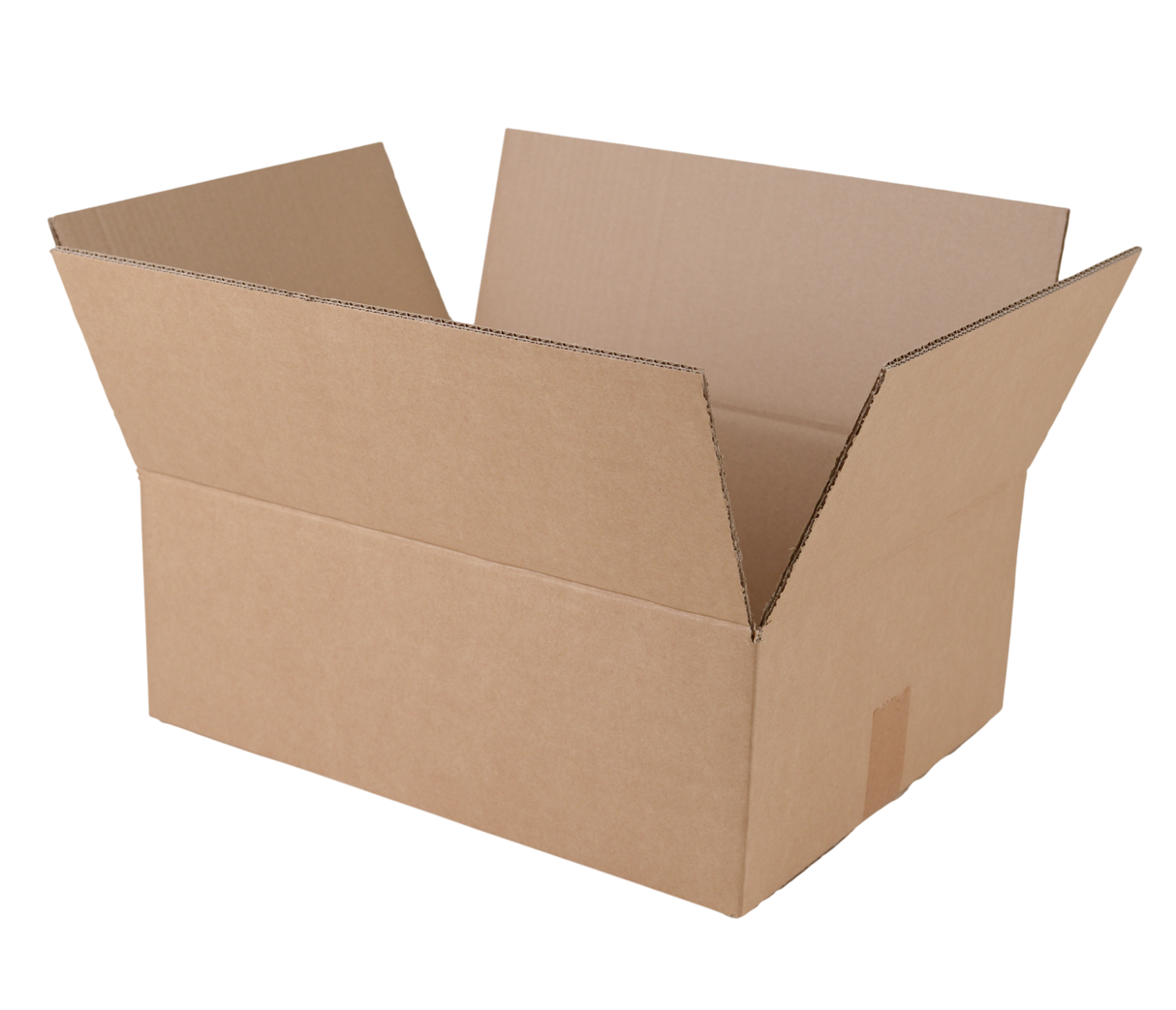An open brown cardboard box with flaps, isolated on a white background.