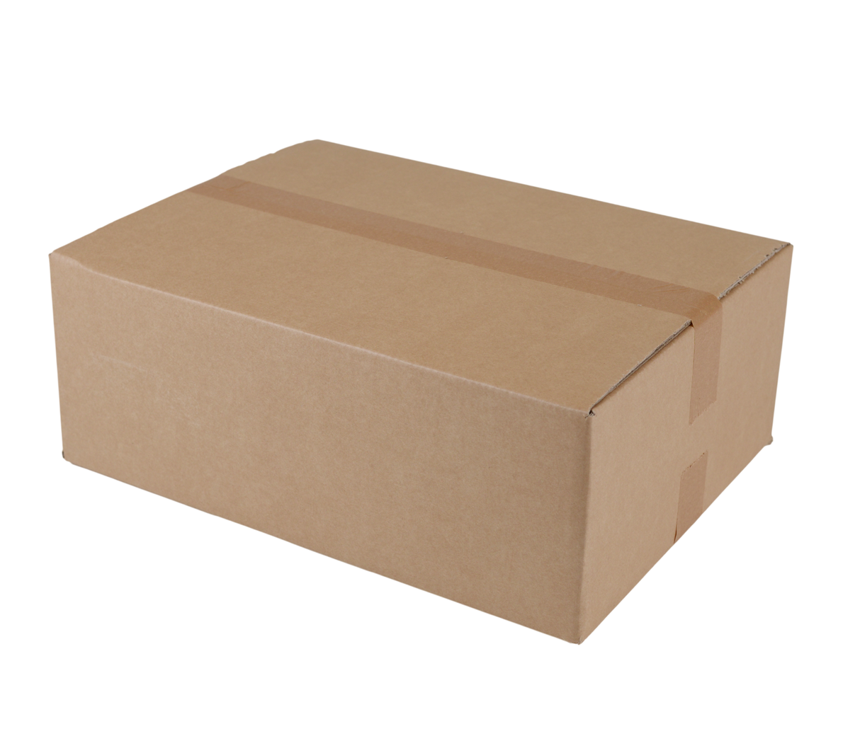 A plain brown cardboard shipping box sealed with clear tape, shown on a clean white background.