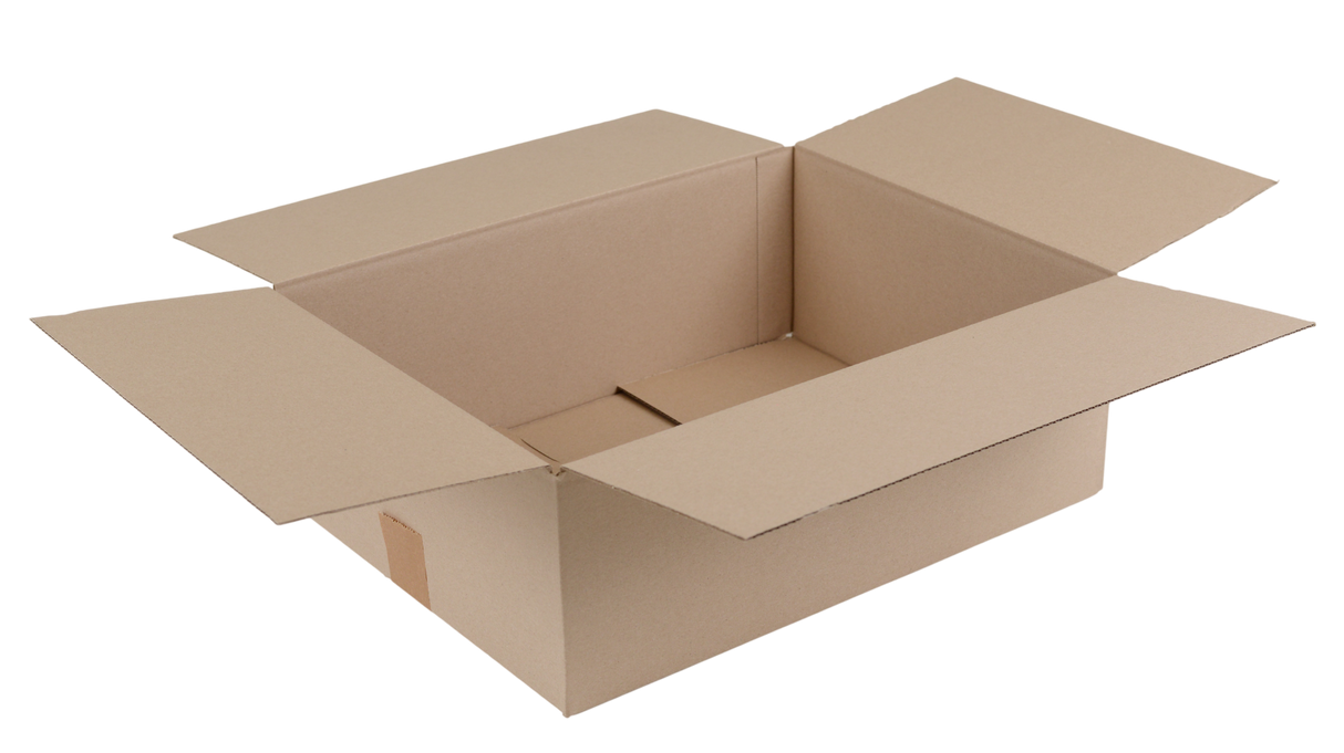 An open brown cardboard box with flaps extended, shown on a plain white background.