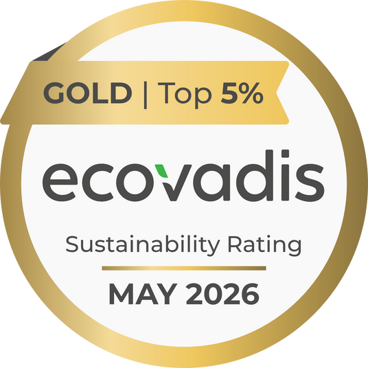 Ecovadis sustainability rating badge with gold border and text indicating a top 5% ranking.