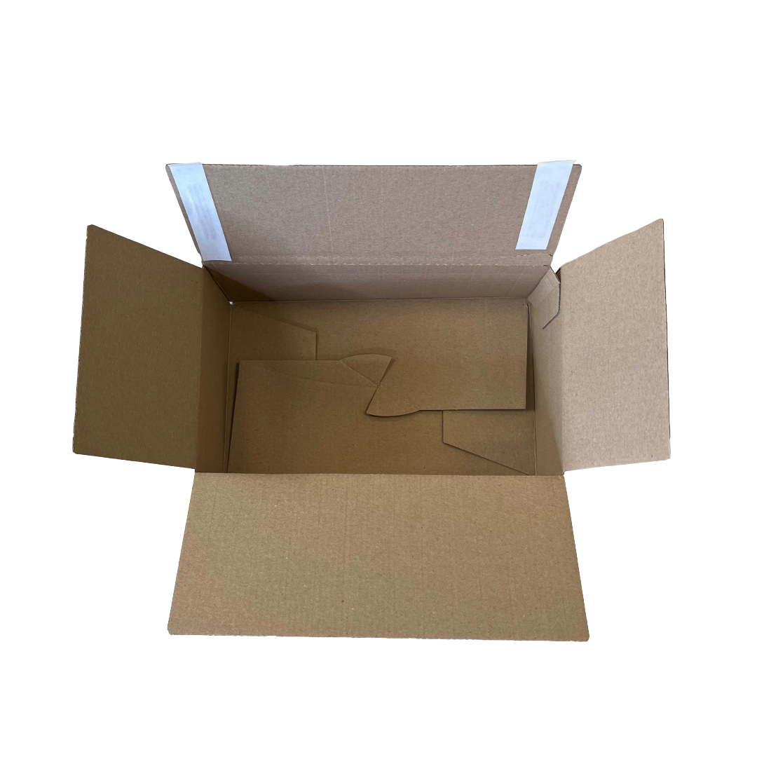Open cardboard box with a white interior on a white background
