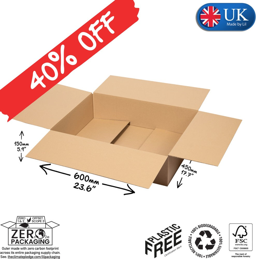Cardboard box with dimensions and sustainability labels on a white background, featuring a 40% off banner and UK Made by LIL logo.