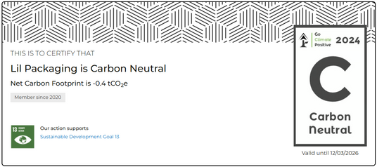 Carbon neutral certification for Lil Packaging with a carbon neutral logo on a white background.