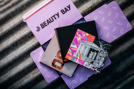 Bespoke packaging for health and beauty, showing an open box example of the 'Beauty Bay' mauve coloured FSC certified box manufactured by Lil Packaging in the UK