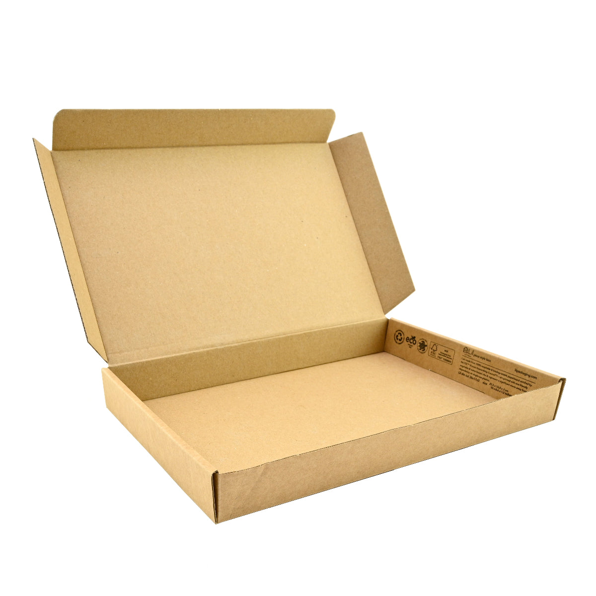 Open cardboard pizza-style postal box on a white background FSC certified