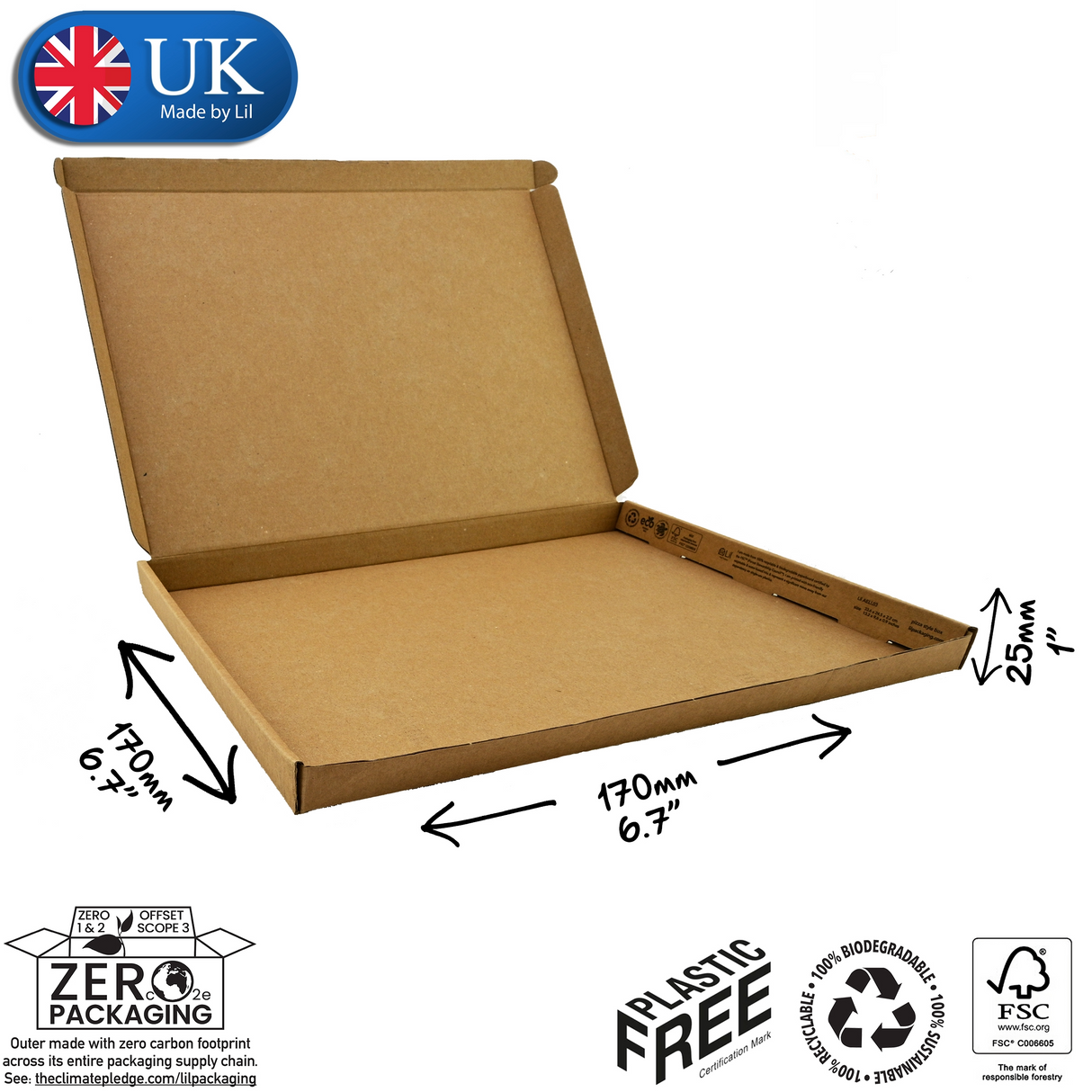 Cardboard pizza box with dimensions of 170mm x 170mm x 25mm and sustainability labels and UK made logo on a white background