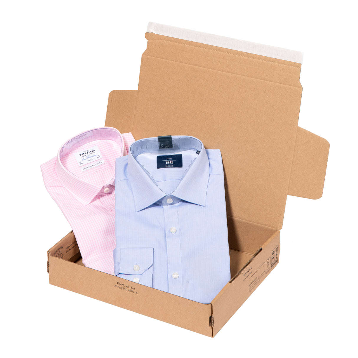 An open SP343 ecommerce mailbox with 2 shirts being packaged. Image shows the box open and the 'peel 'n' seal' plastic free sealing strip, unique to Lil Packaging. Image is on a white background