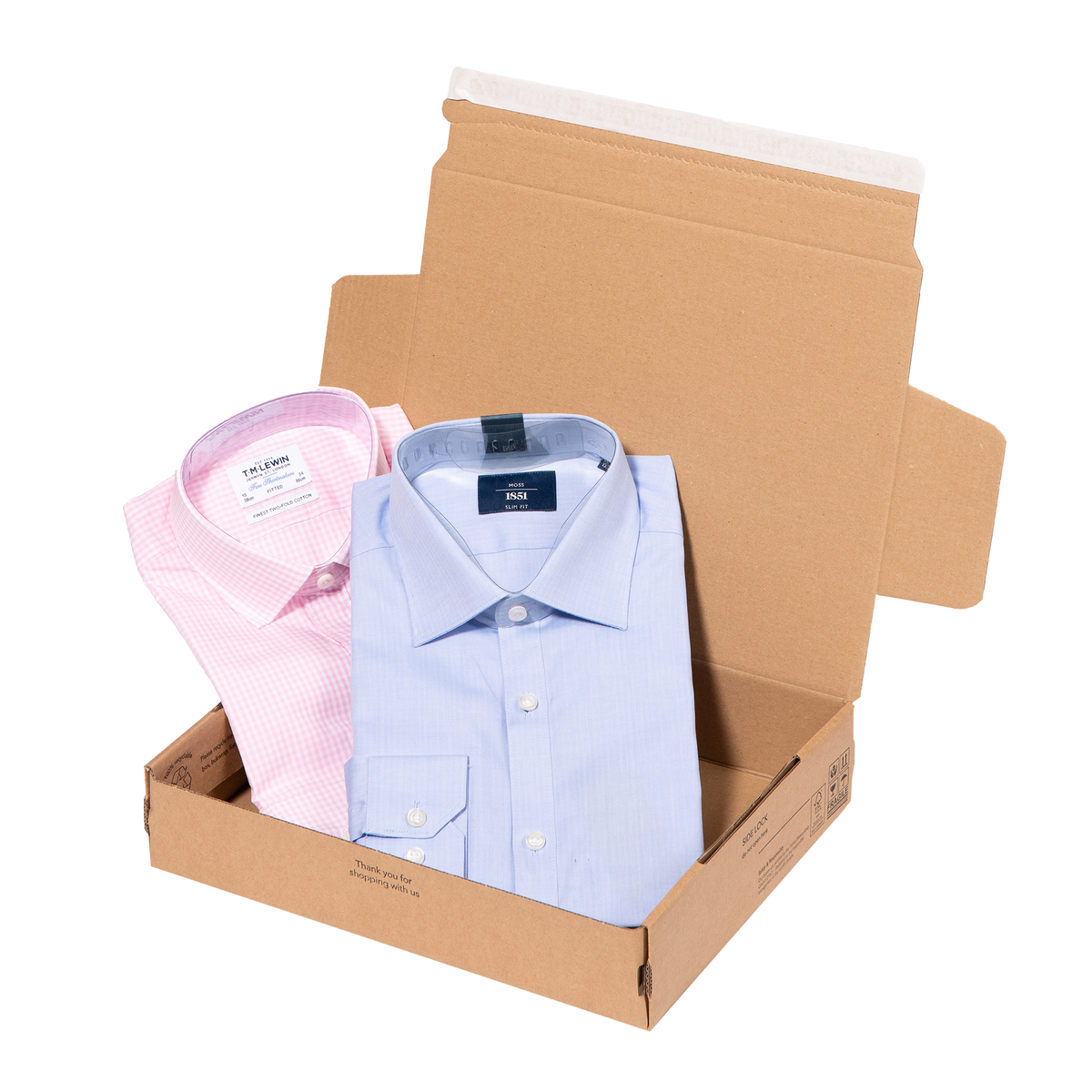 An open SP343 ecommerce mailbox with 2 shirts being packaged. Image shows the box open and the 'peel 'n' seal' plastic free sealing strip, unique to Lil Packaging