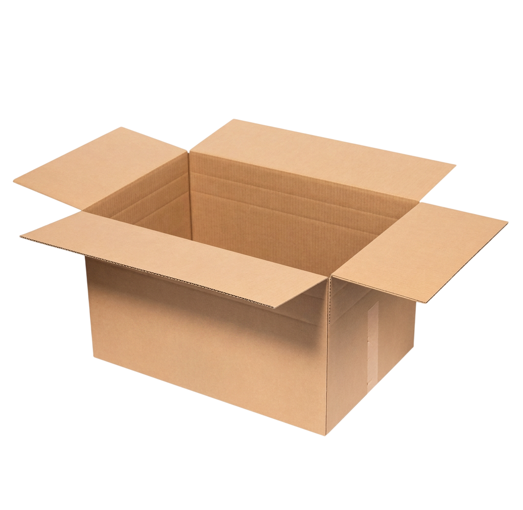 An open brown cardboard box with flaps extended, shown on a plain white background.