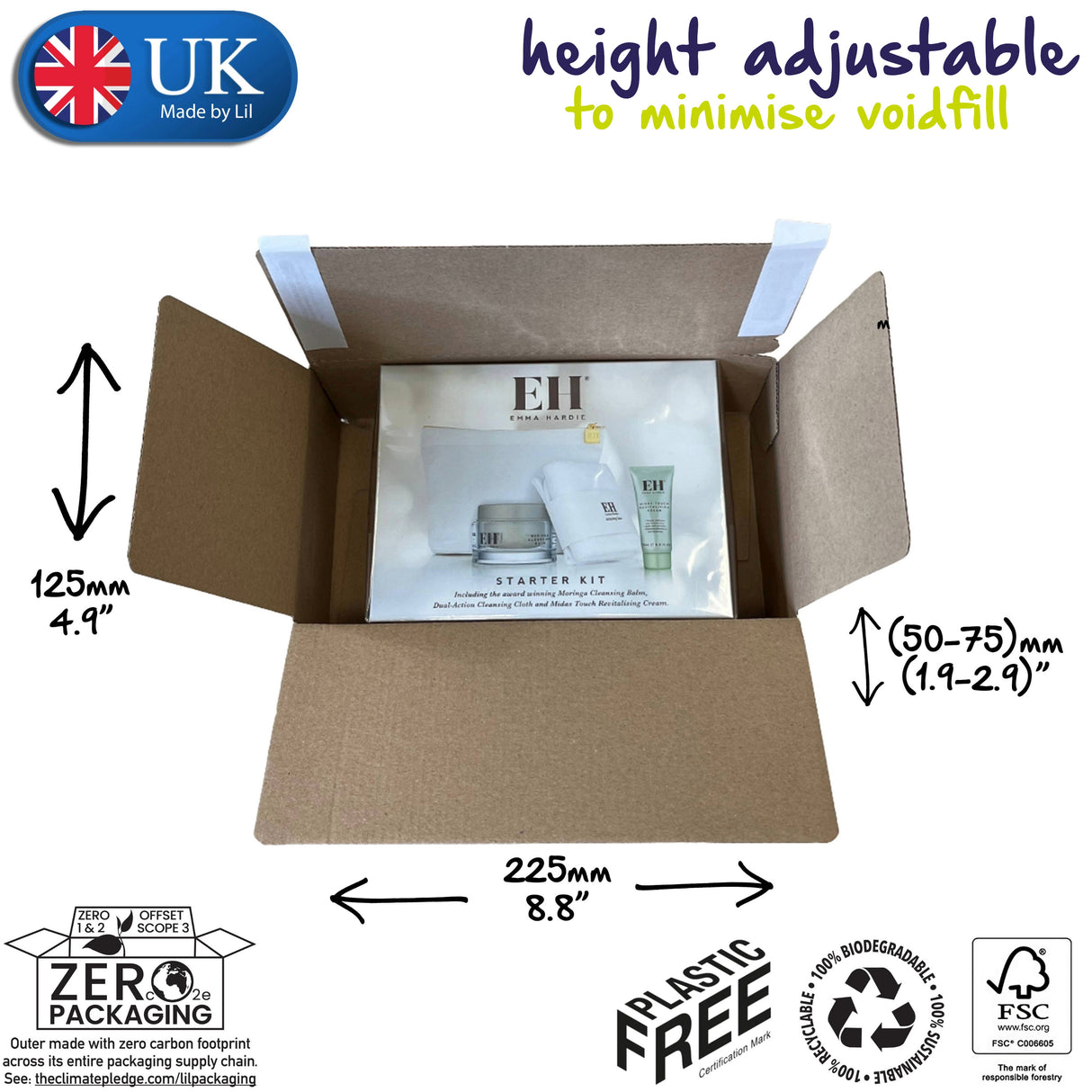 Cardboard box with Emma Hardy Starter Kit inside, labeled for height adjustment and plastic-free packaging.