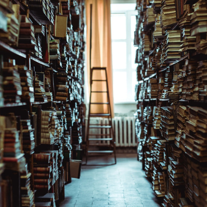 Books stacked up on shelves
