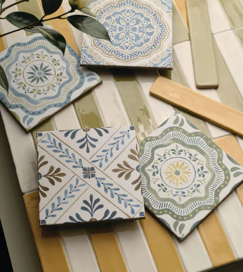 fired earth tile designs in cream green and beige colours supporting lil packaging ecommerce packaging case study