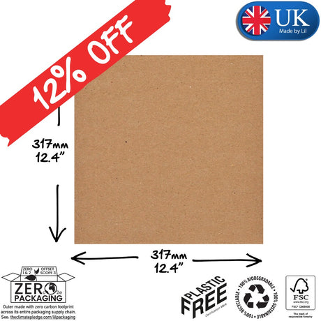 Brown cardboard sheet with measurements, '12% Off' banner, and sustainability logos on a white background.