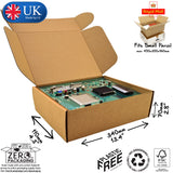 34x11x7cm Cardboard Postal Box for electronics, showing a circuit board packaged in the box. A logo depicting Made In The UK by Lil and the Royal Mail Small Parcels logos are included in the image.