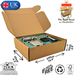 34x11x7cm Cardboard Postal Box for electronics, showing a circuit board packaged in the box. A logo depicting Made In The UK by Lil and the Royal Mail Small Parcels logos are included in the image.