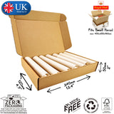 A flat pack 34x12x5cm Cardboard Postal Box for posters, showing 'rolled up' documents being stored in the box mailer.