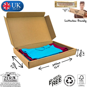 A flat-packed, brown cardboard postal box with dimensions labelled as 34x15x3.5cm . The box is marked as made by Lil, UK, with a small parcel icon, and includes a label indicating it is plastic-free and made from recycled materials. Showing folded cloths packed inside.