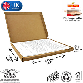 A flat-packed, brown cardboard postal box with dimensions labelled as 34x16x2.5cm . The box is marked as made by Lil, UK, with a small parcel icon, and includes a label indicating it is plastic-free and made from recycled materials.