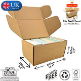 A small rectangular cardboard postal box with dimensions labeled, indicating height, width, and depth. The box is open, showing the interior compartments, and there are labels indicating it is made by Lil, UK made, Fits small parcel, and is eco-friendly with 100% recycled and plastic-free materials.