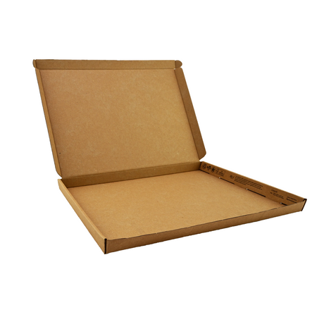 A flat-packed brown cardboard pizza-style postal box with dimensions  350 x 250 x 25mm. The box is made in the UK, has a zero carbon footprint, and is plastic-free and recyclable.
