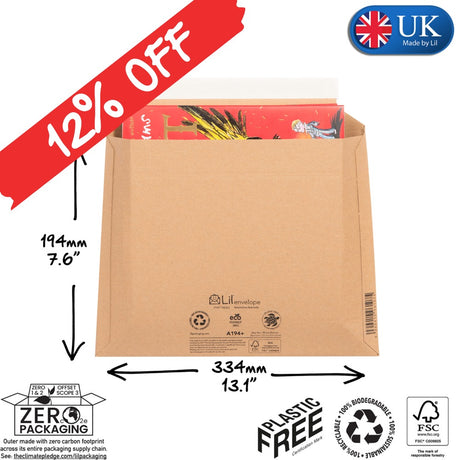 Brown envelope with dimensions and sustainability labels on a white background