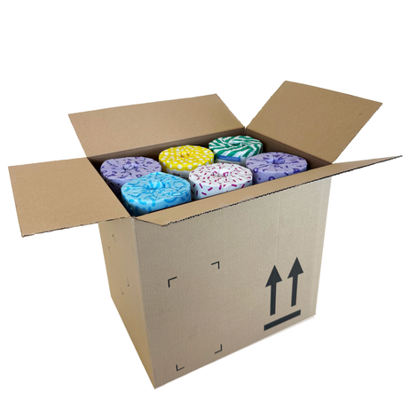 Open cardboard box with colorful items inside on a white background