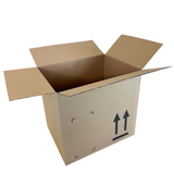 Open cardboard box with shipping symbols on a white background