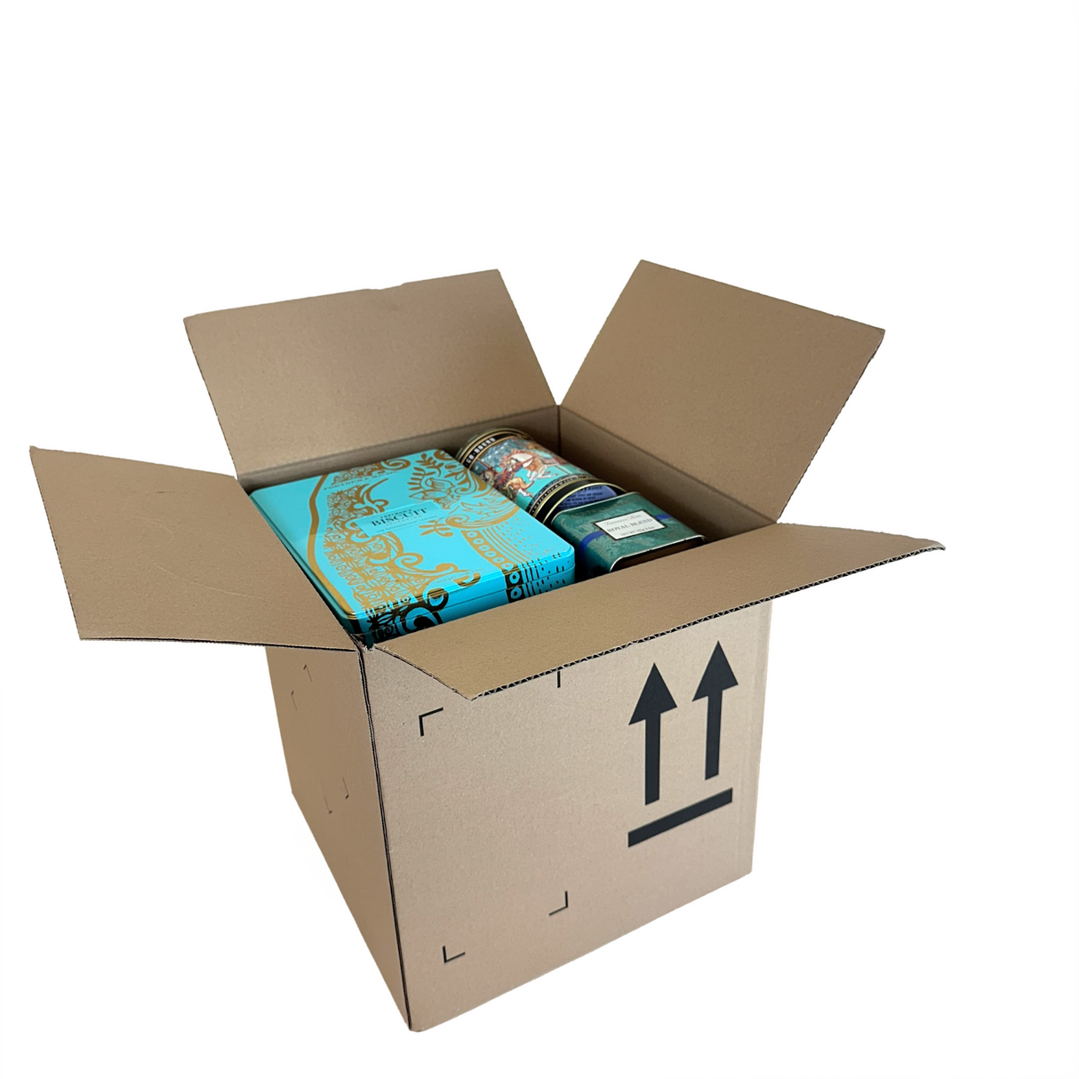 Open cardboard box with tins inside on a white background