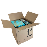Open cardboard box with tins inside on a white background