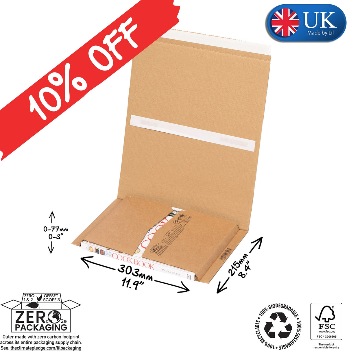 Cardboard box with dimensions and sustainability labels on a white background