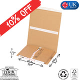 Cardboard box with dimensions and sustainability labels on a white background