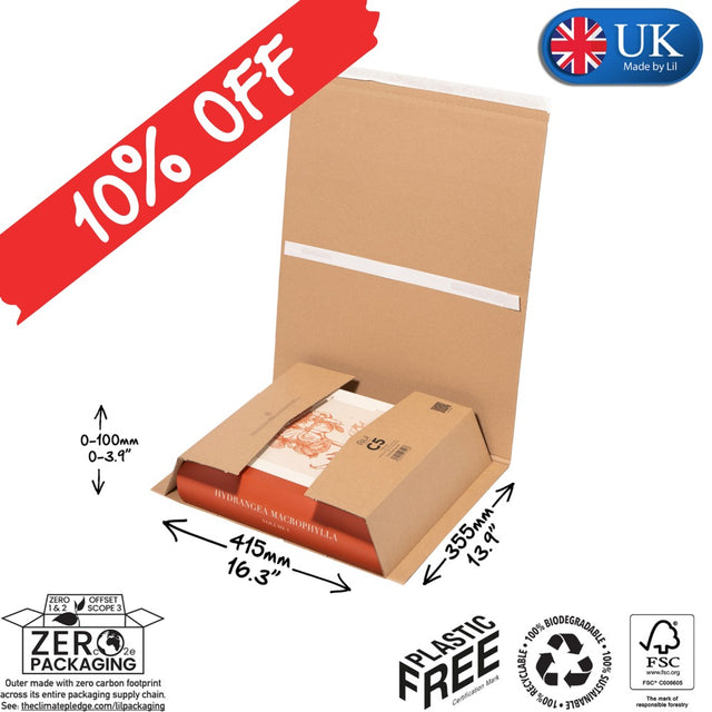 Cardboard box with dimensions and sustainability labels, including a 10% off banner and UK Made by Us logo.